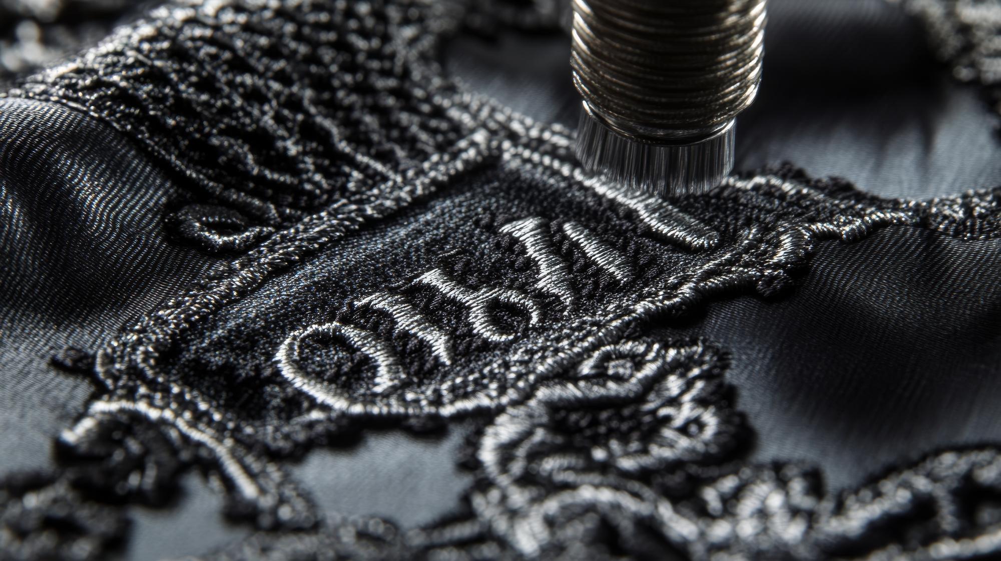 Close-up of satin stitch monogram
