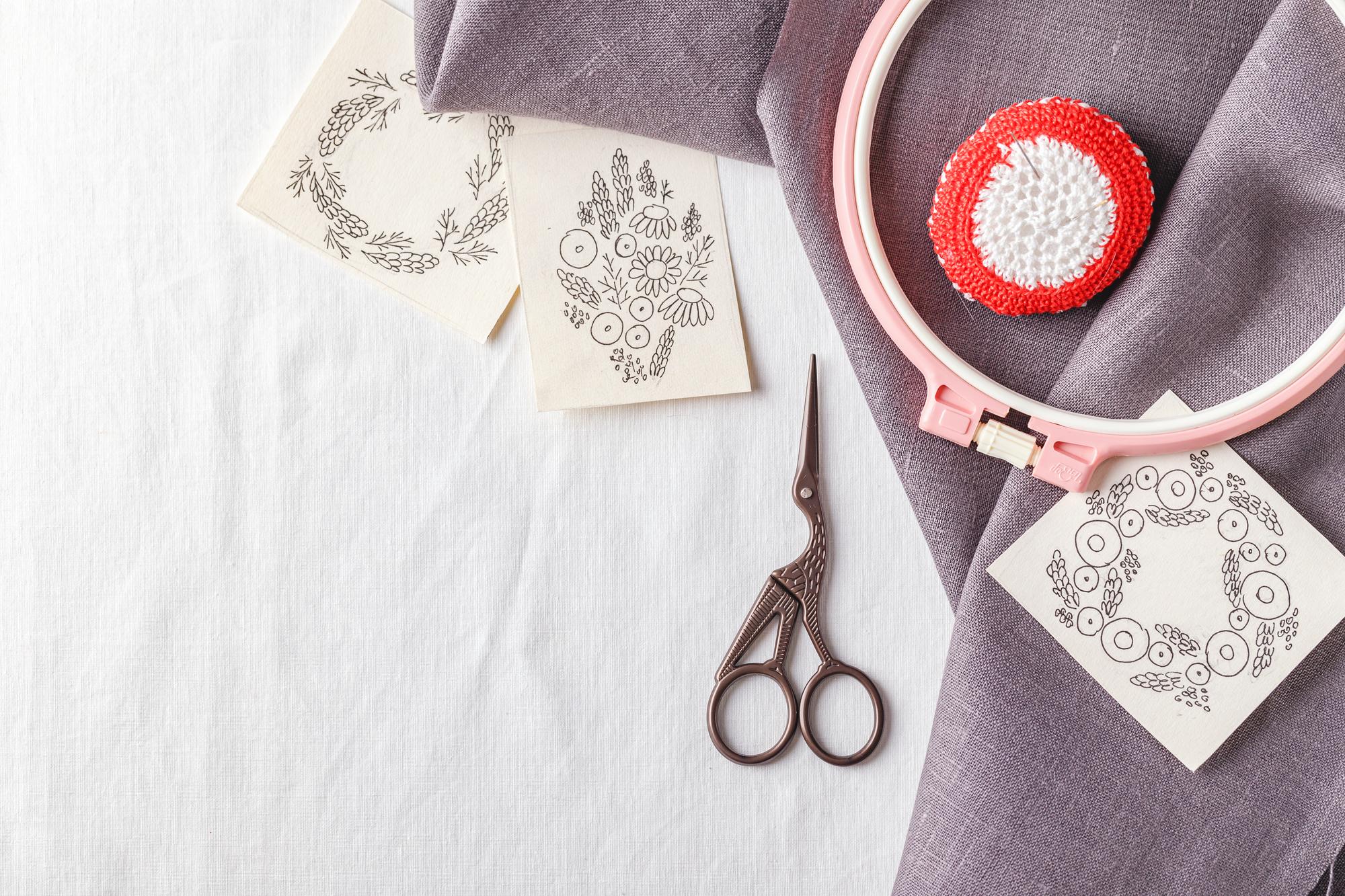 Sample embroidered product arranged on table